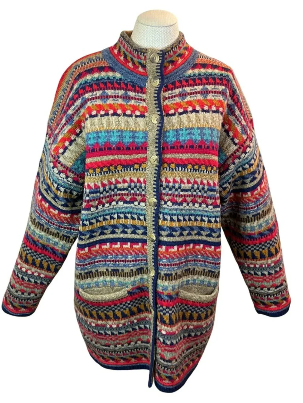 Segrets Sun Prints Fair Isle Norwegian Design Wool Button Up Cardigan Sweater Wo - Picture 2 of 11